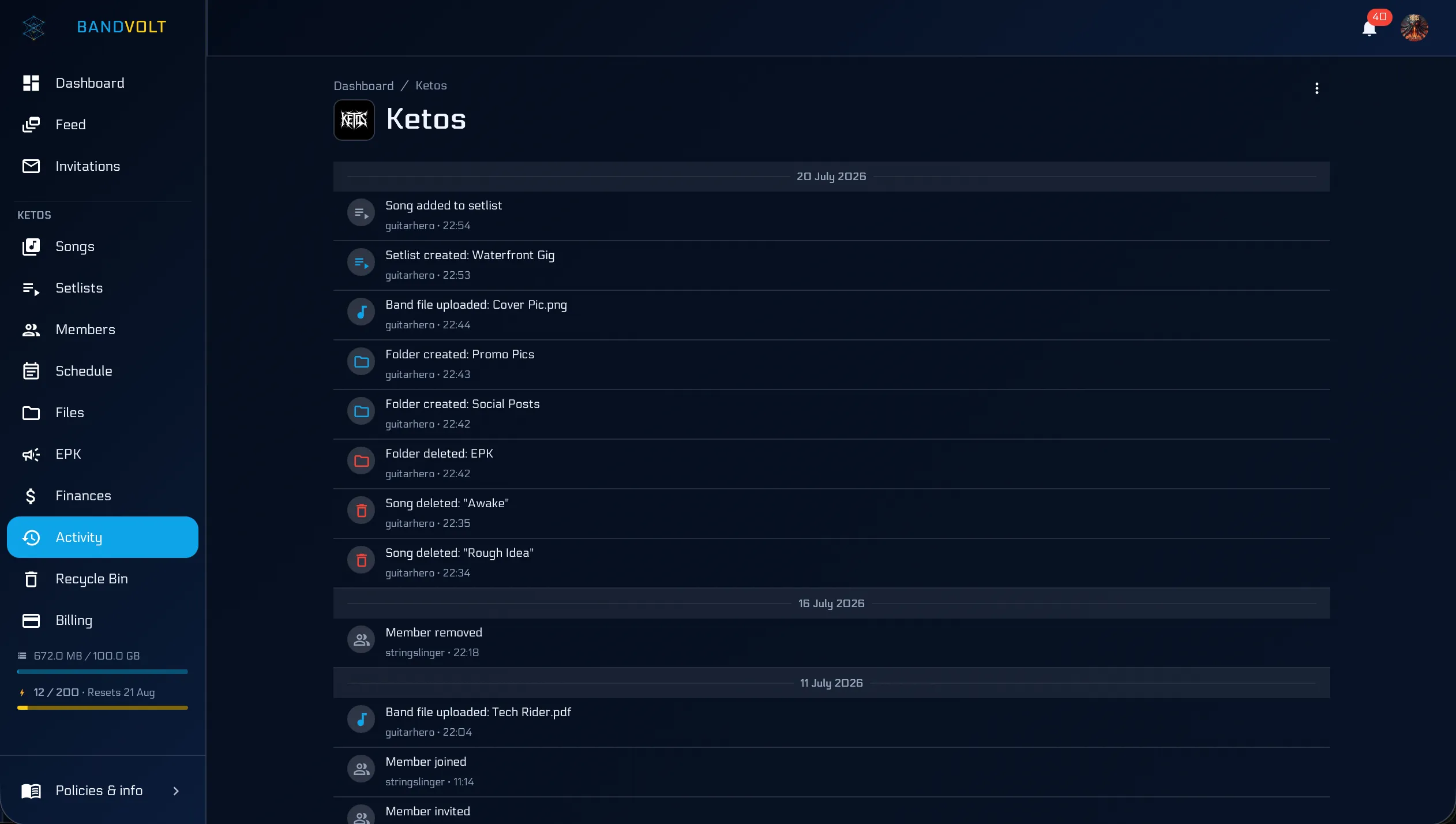 The band activity feed showing a new mix version and new comments from other members