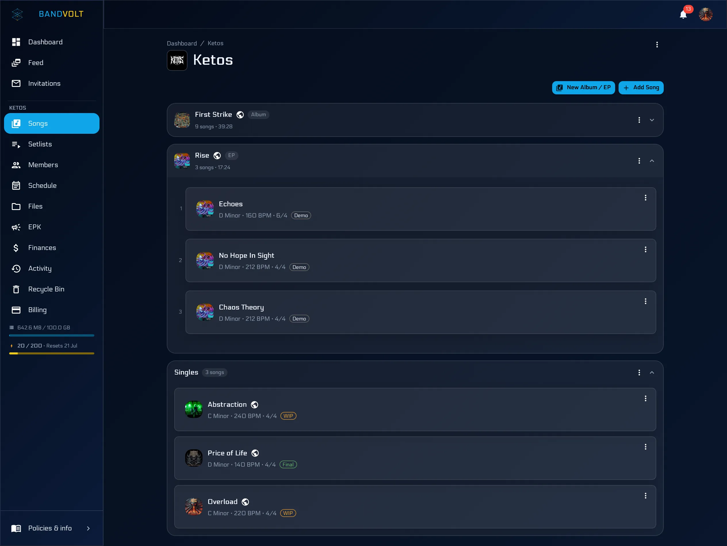 A band workspace showing songs, members, and activity in one place