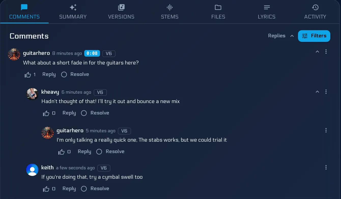 A timestamped comment with threaded replies underneath, all pinned to the same second