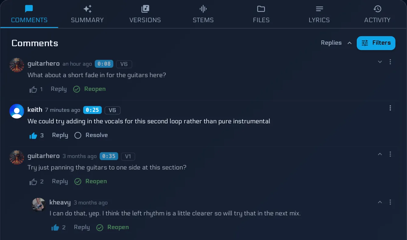 Mix comments with upvotes showing several band members backing the same note