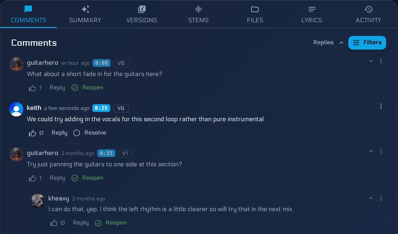 A mix comment list with some notes marked resolved and others still open