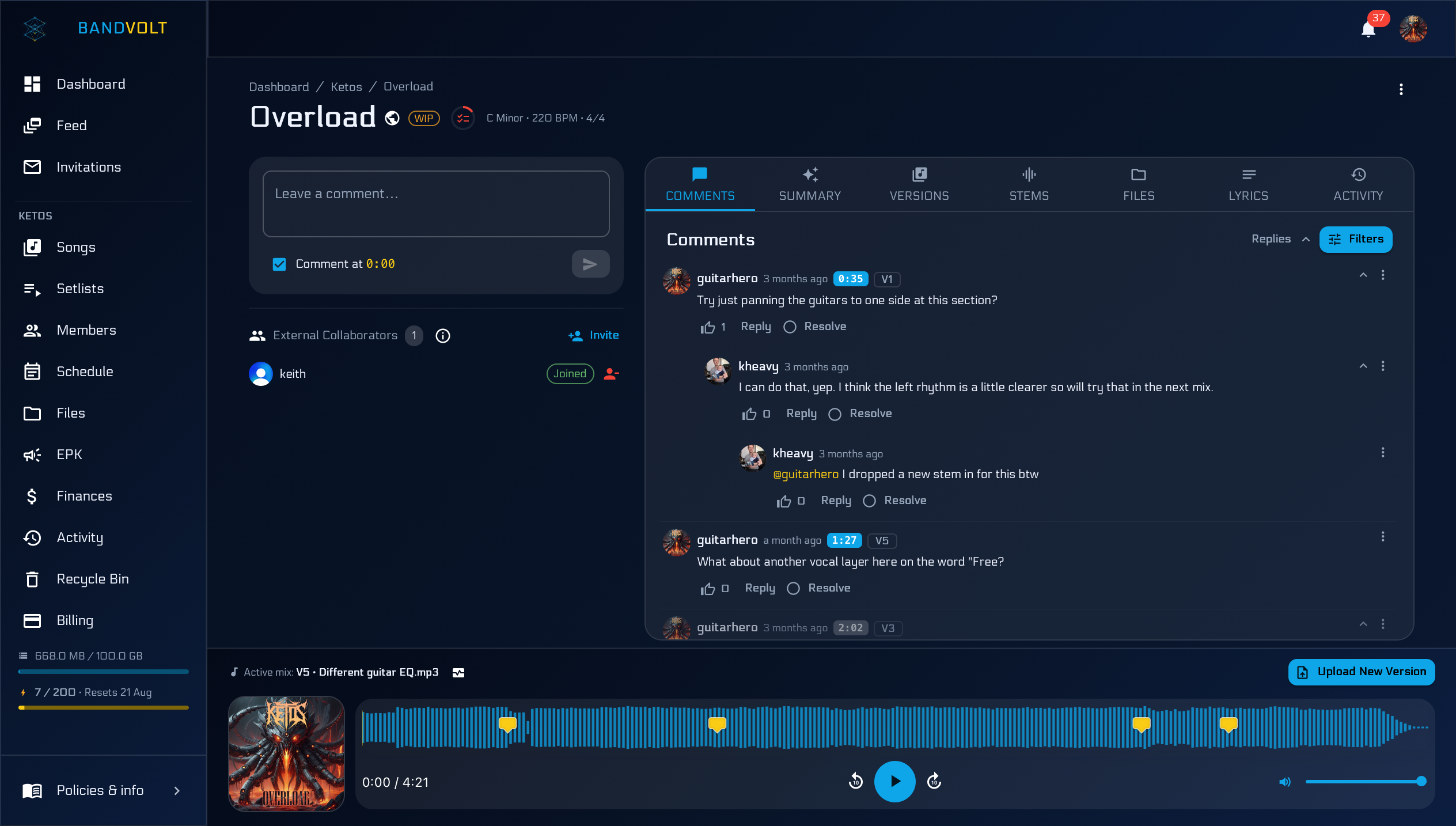 Comment panel with timestamped pins