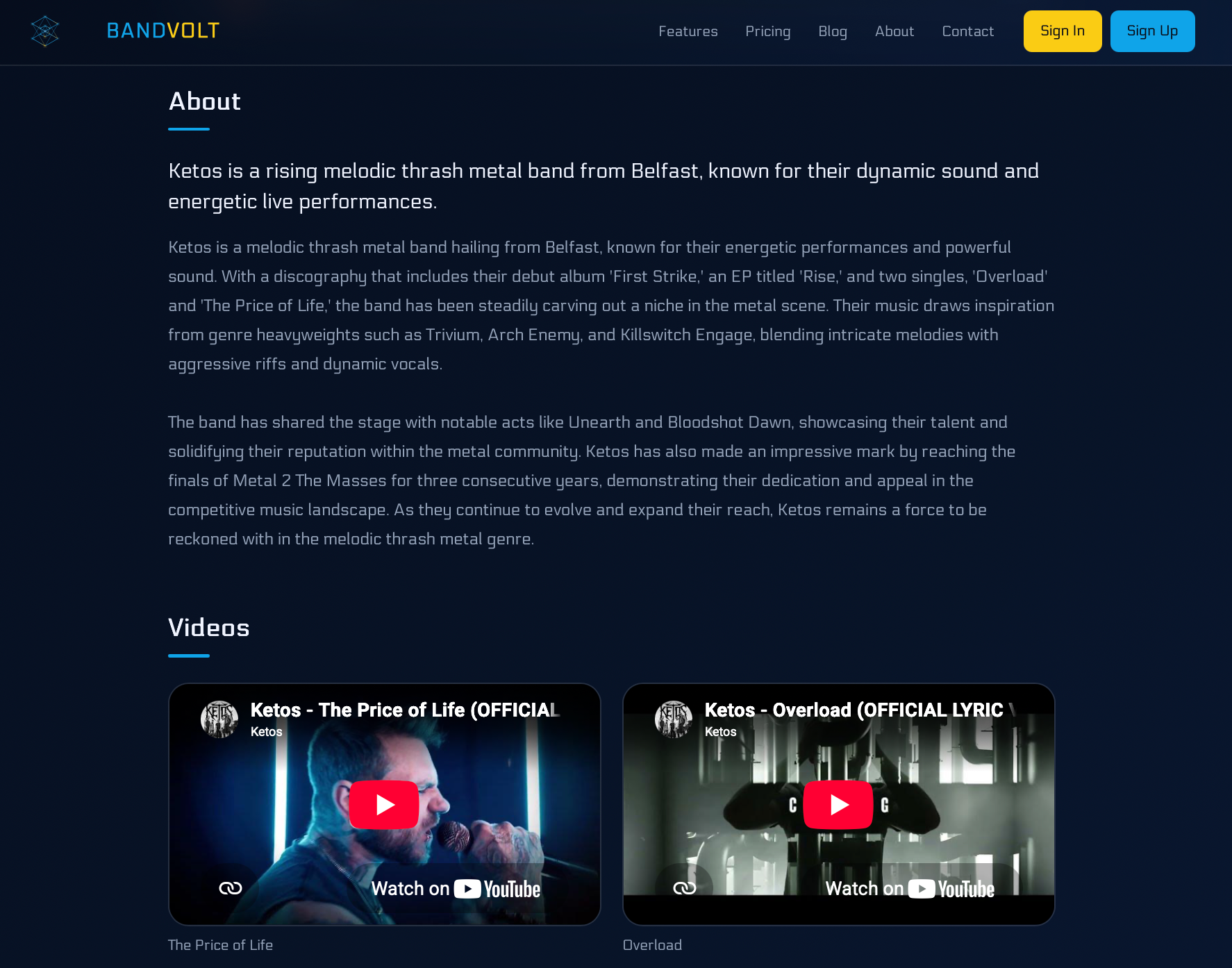 Public Electronic Press Kit page showing band bio, music player, and videos