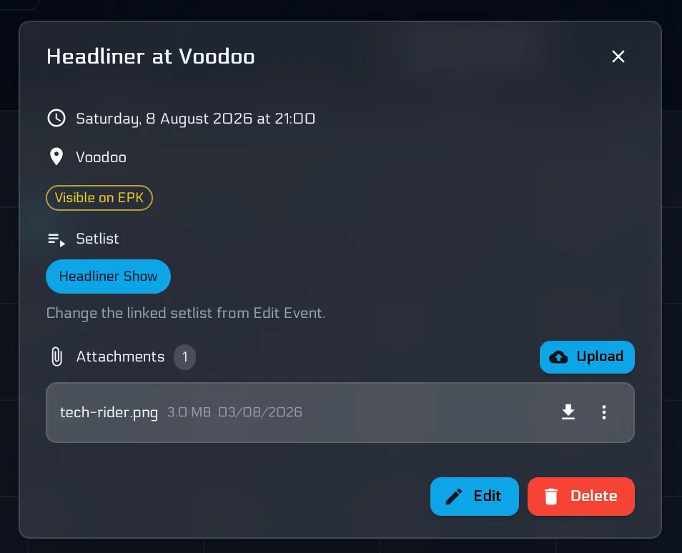 A gig event with its setlist linked and the tech rider attached, flagged to show on the EPK