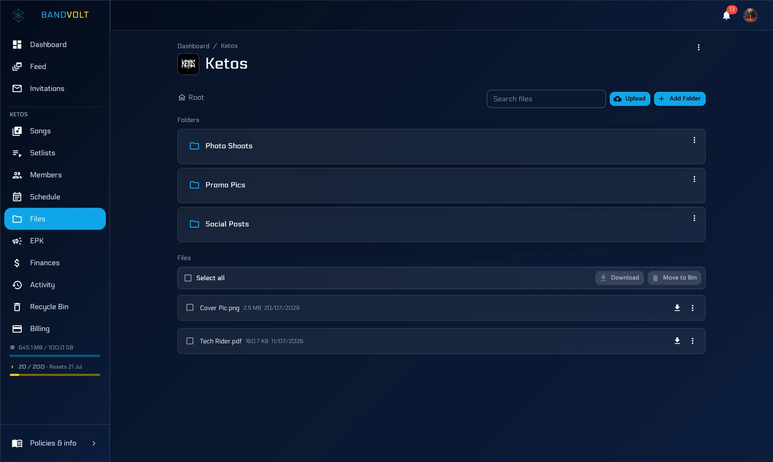 Band file manager in BandVolt with organised folders for riders and press assets
