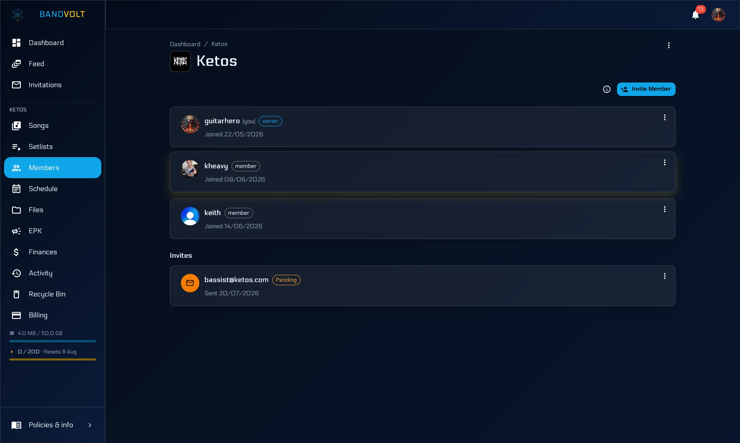 Member management screen in BandVolt showing invites and access control