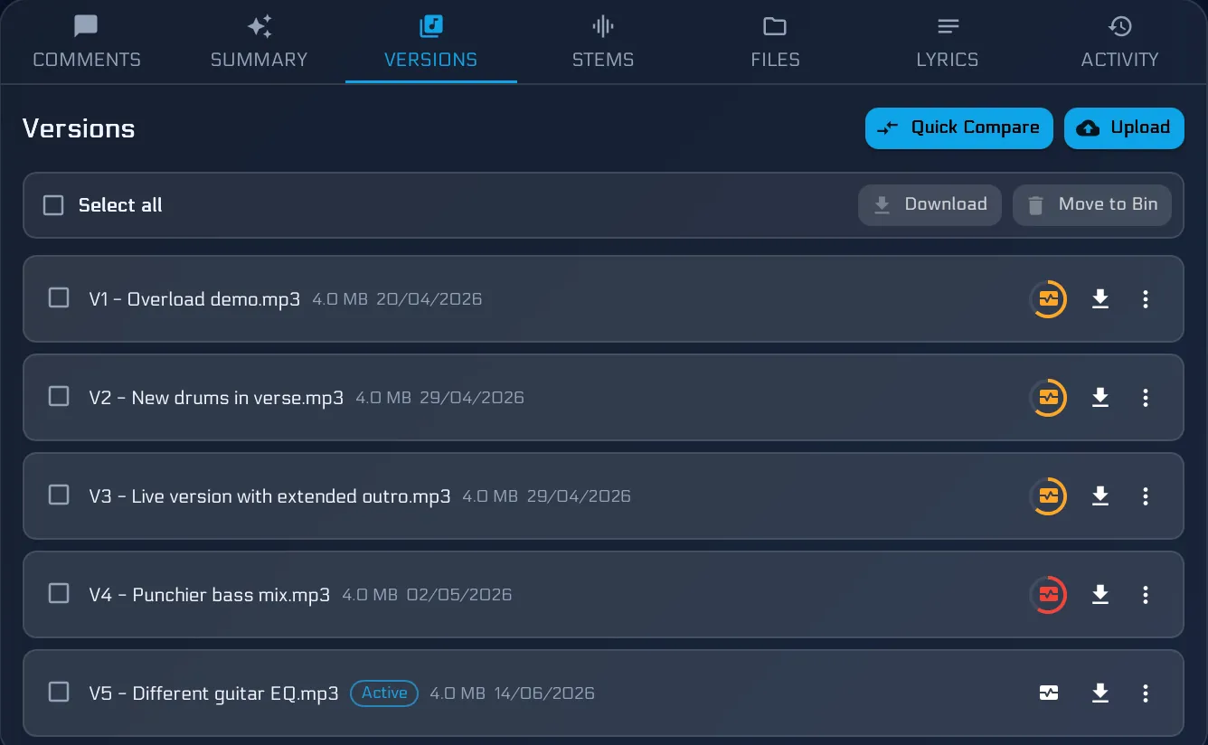 A song's version list with Mix Health score badges shown against each analysed version