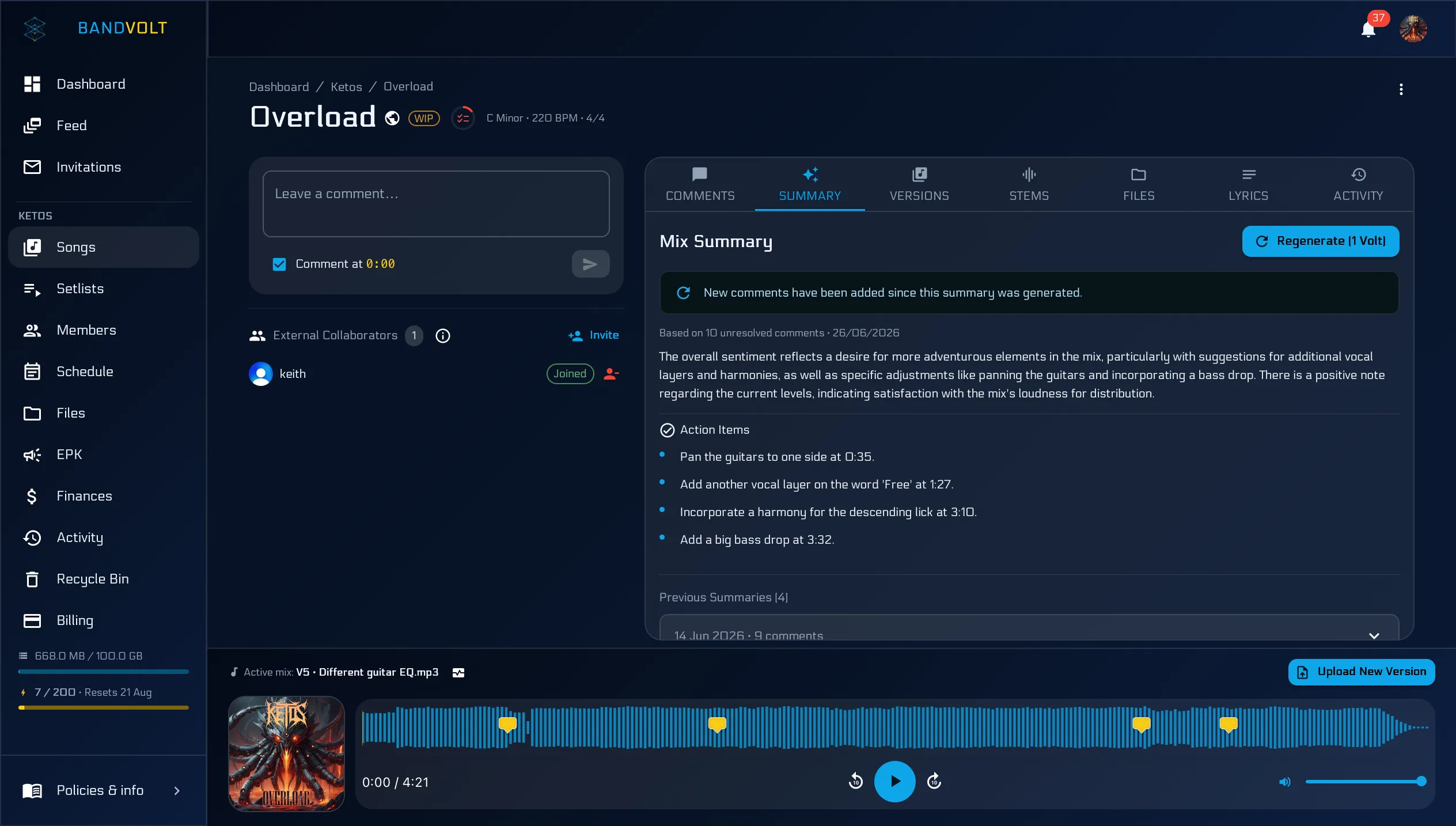 An AI Mix Summary in BandVolt distilling band comments into an actionable list
