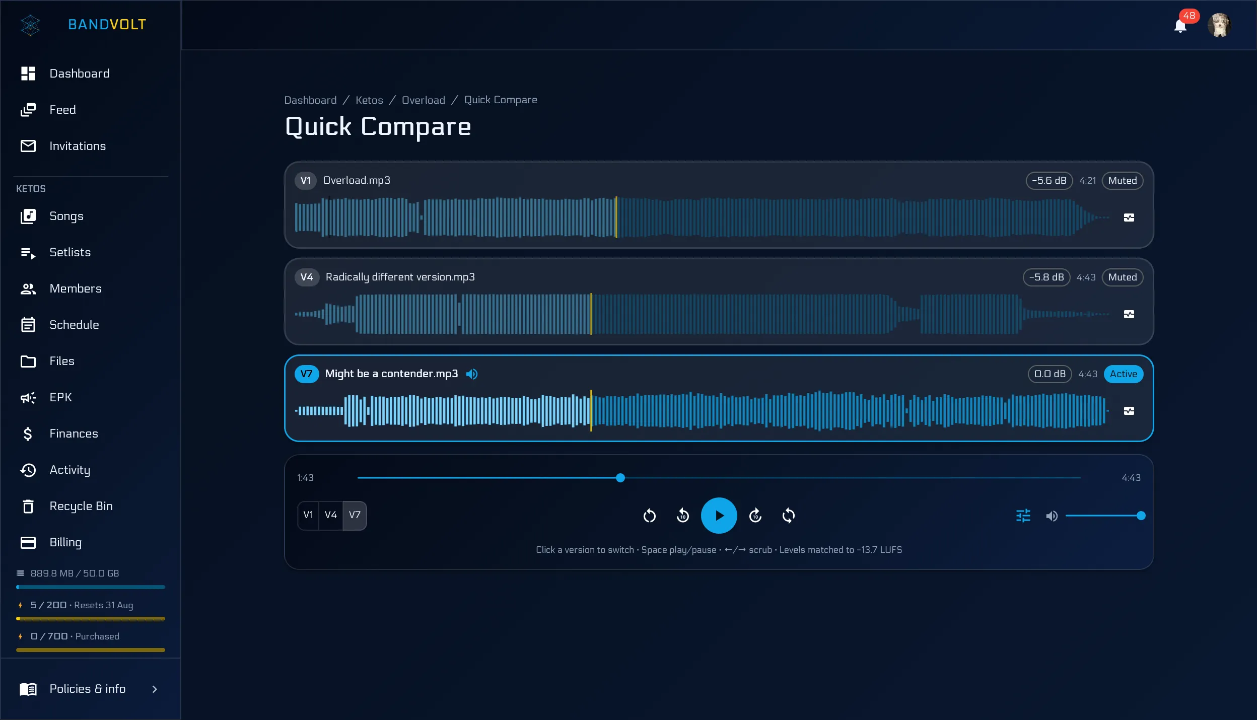 Quick Compare with loudness matching on - per-version dB offsets and levels matched to a shared LUFS target