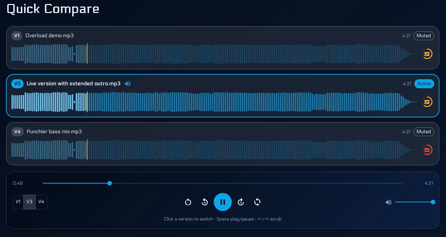Quick Compare showing how the Mix Health score changed between two versions