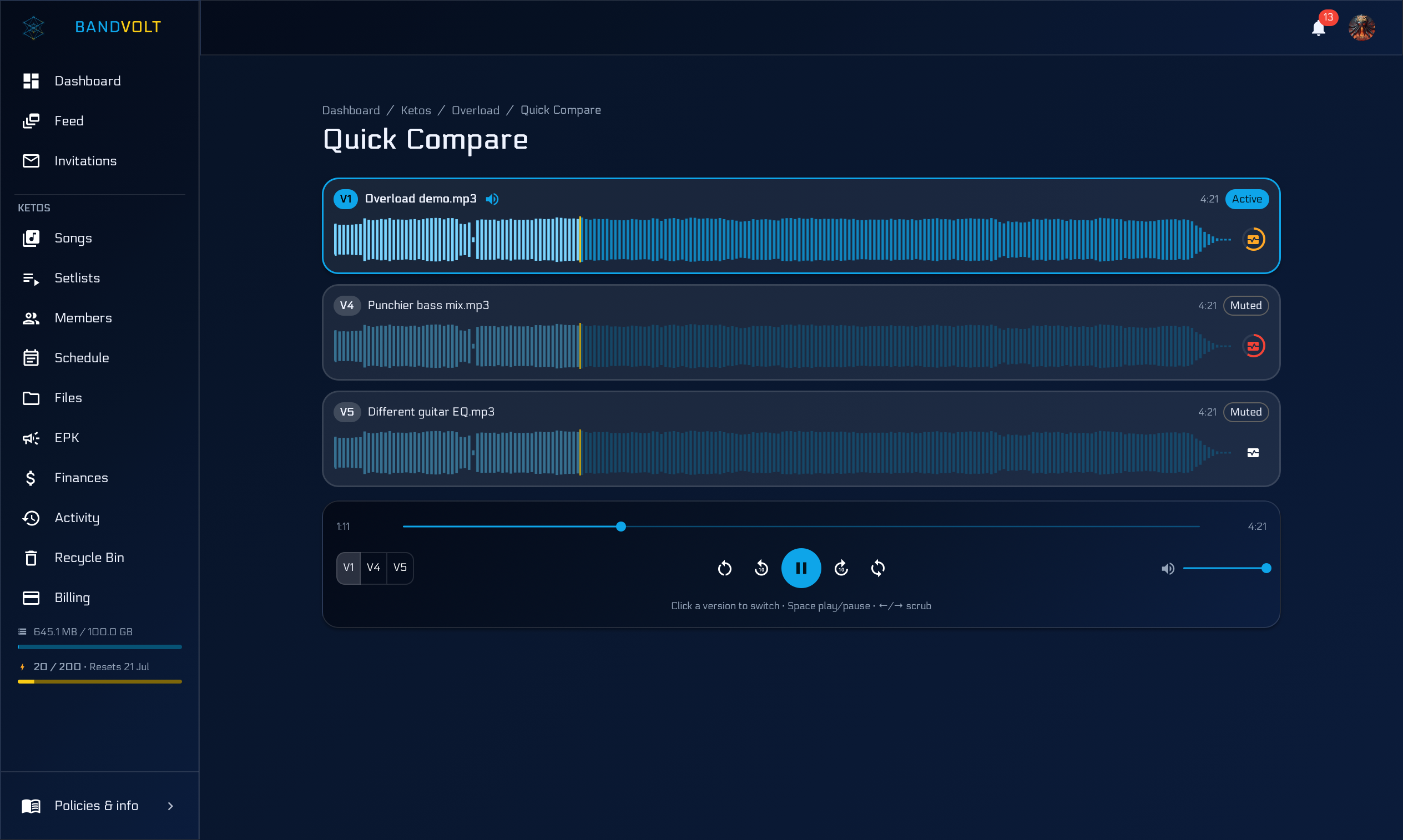 Quick Compare view showing two mix versions side by side