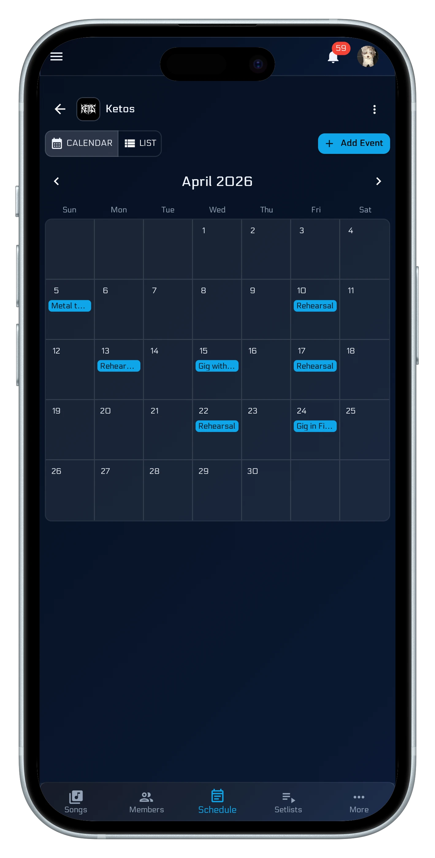 Never miss a gig or rehearsal on mobile