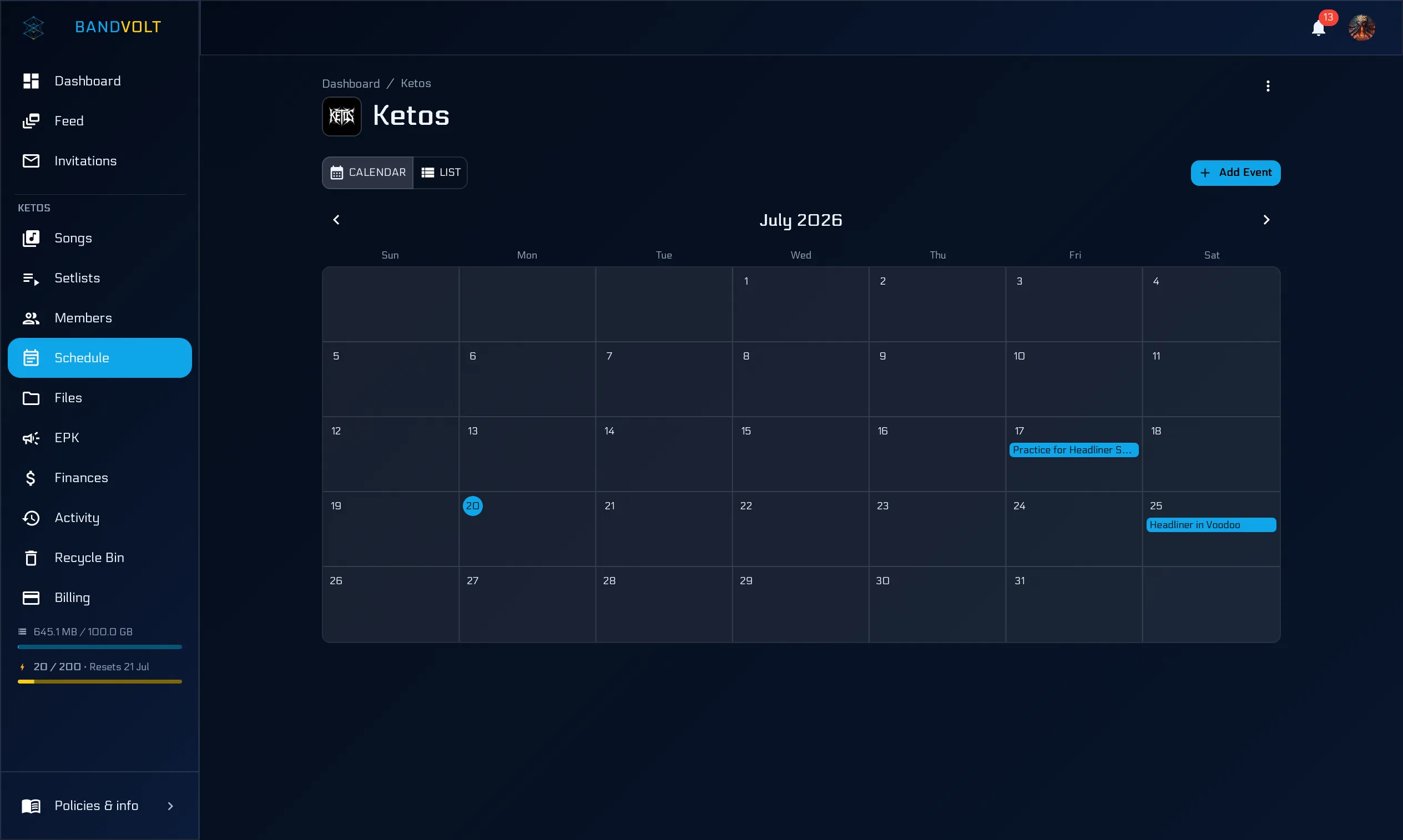 The shared band calendar in BandVolt with rehearsals, sessions, and gigs