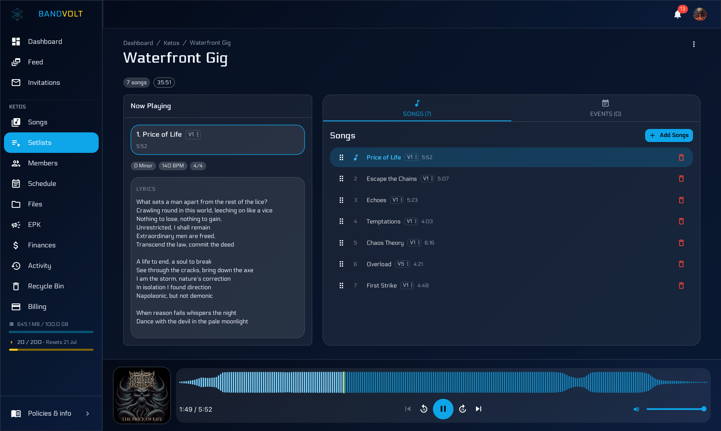 Setlist view in BandVolt showing songs in order with key and BPM