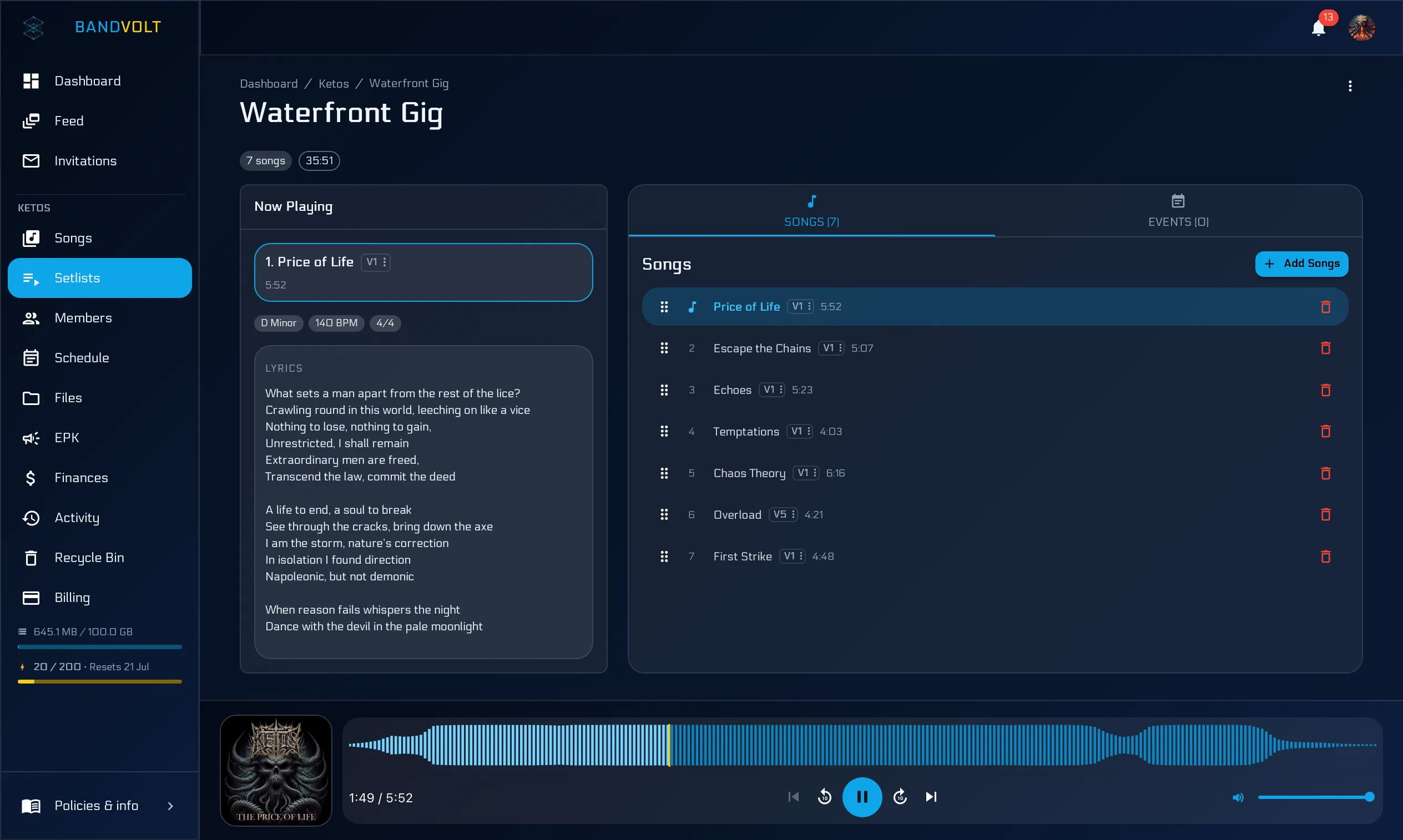 A setlist in BandVolt showing songs in order with key, BPM, and length