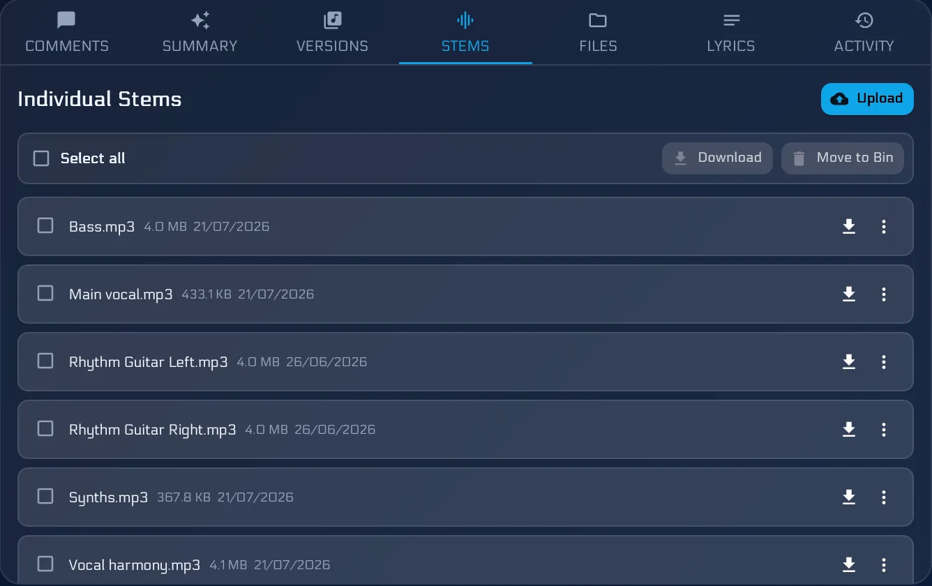The Stems tab on a song, listing the individual stems alongside the version history and comments