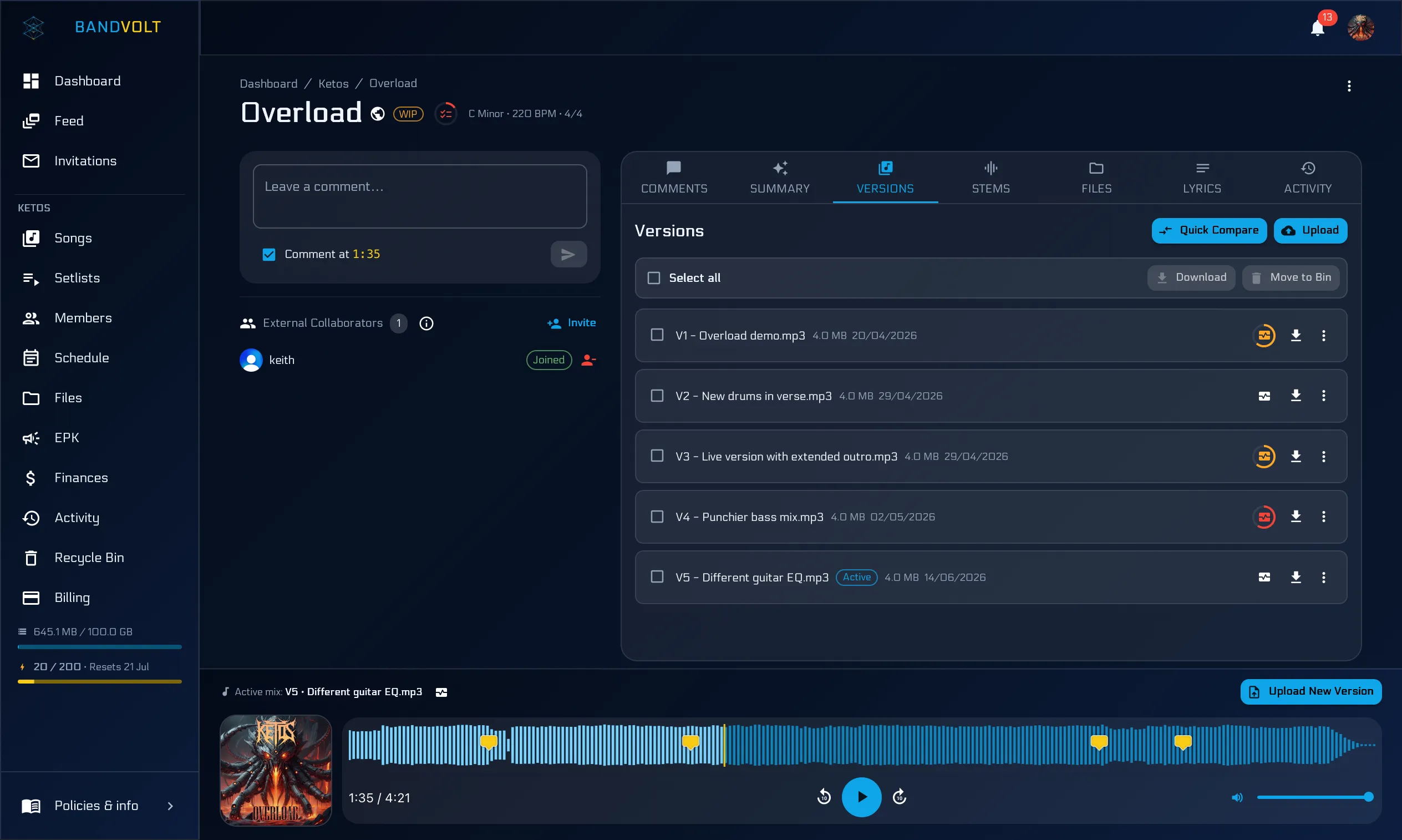 A song's mix version history in BandVolt, separate from any DAW session