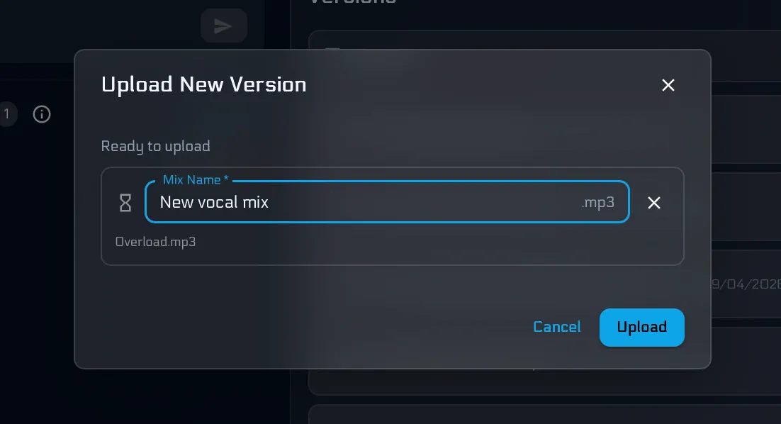 Uploading a new version of a song in BandVolt, with a label describing what changed